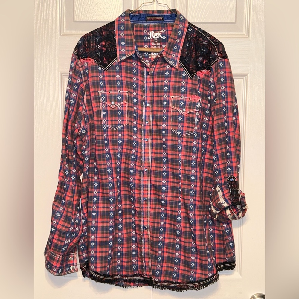 Wrangler Red Plaid Button-Down Western Shirt with Black Yoke